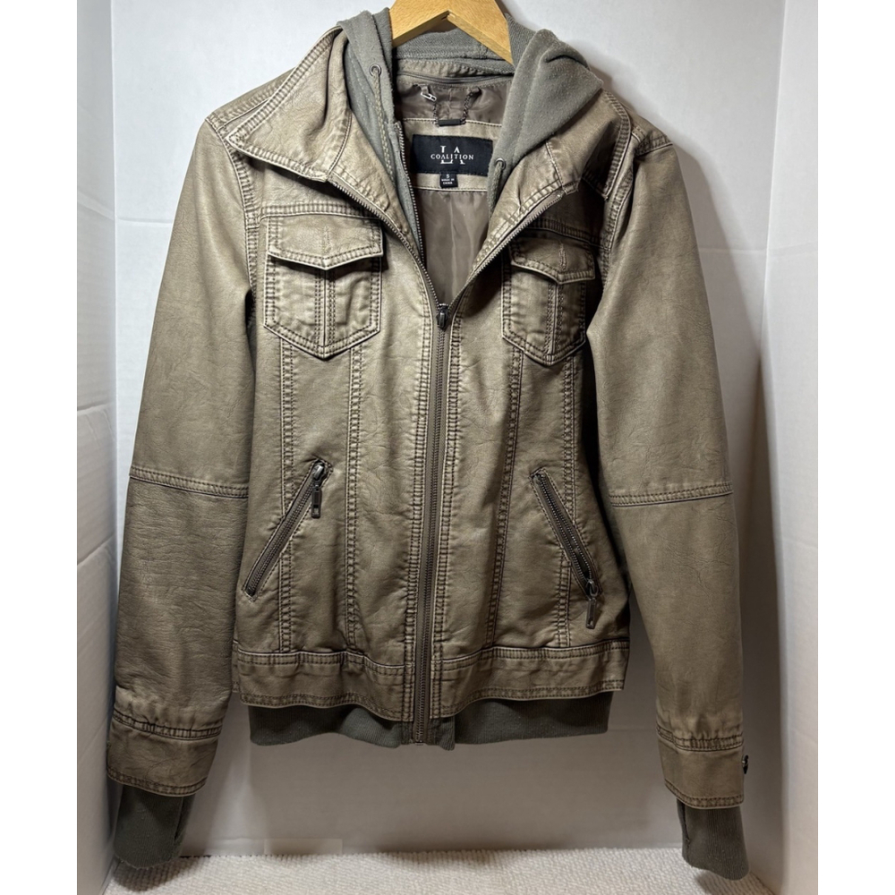 LA Coalition Hooded Leather Jacket Light Green Zip Up Sweatshirt Style Small